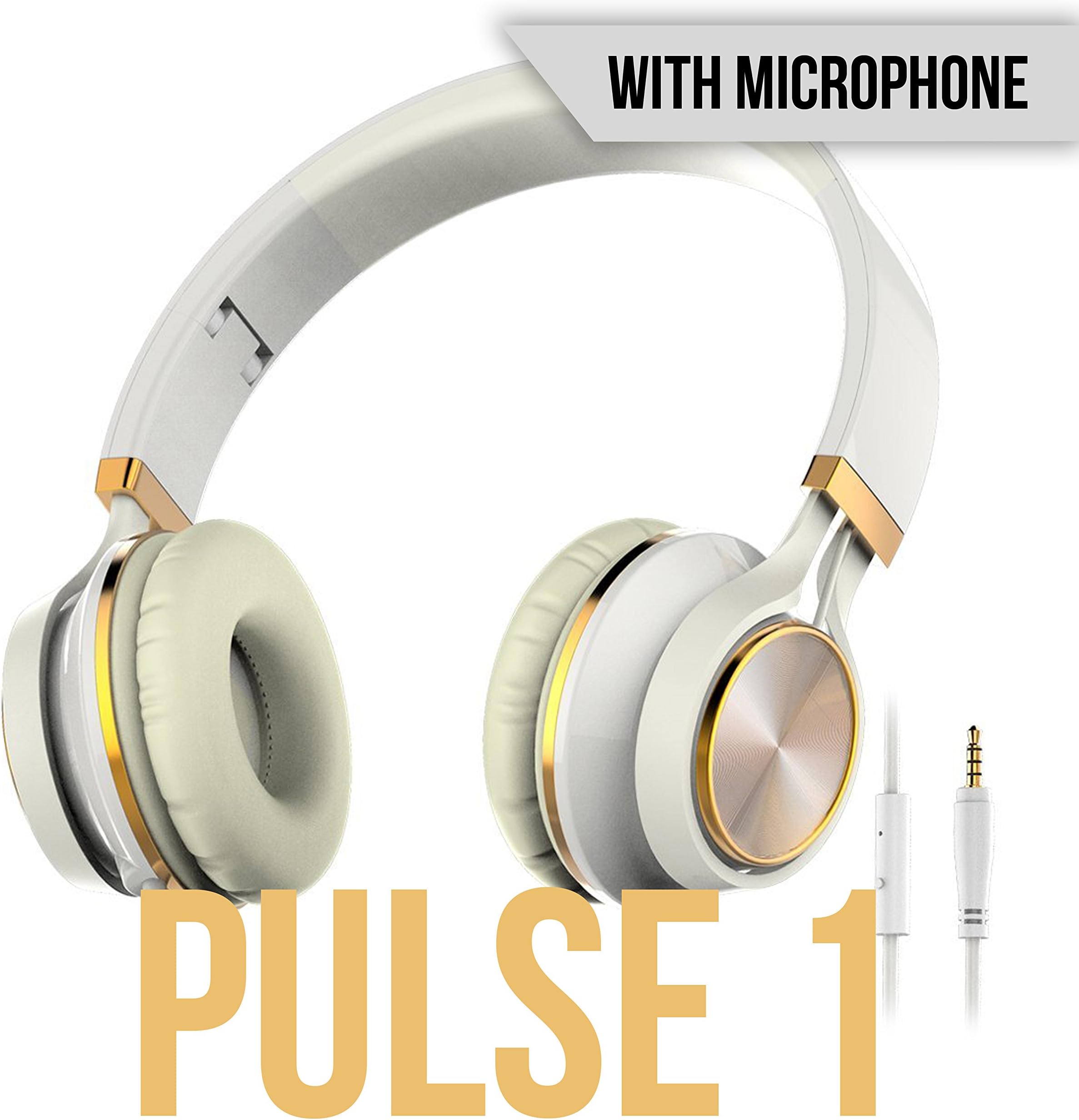 147th Pulse 1 - Noise Cancelling Lightweight Comfortable Headphones with Microphone on Ear Head Phones for Clear Audio Beats and Sound (White)