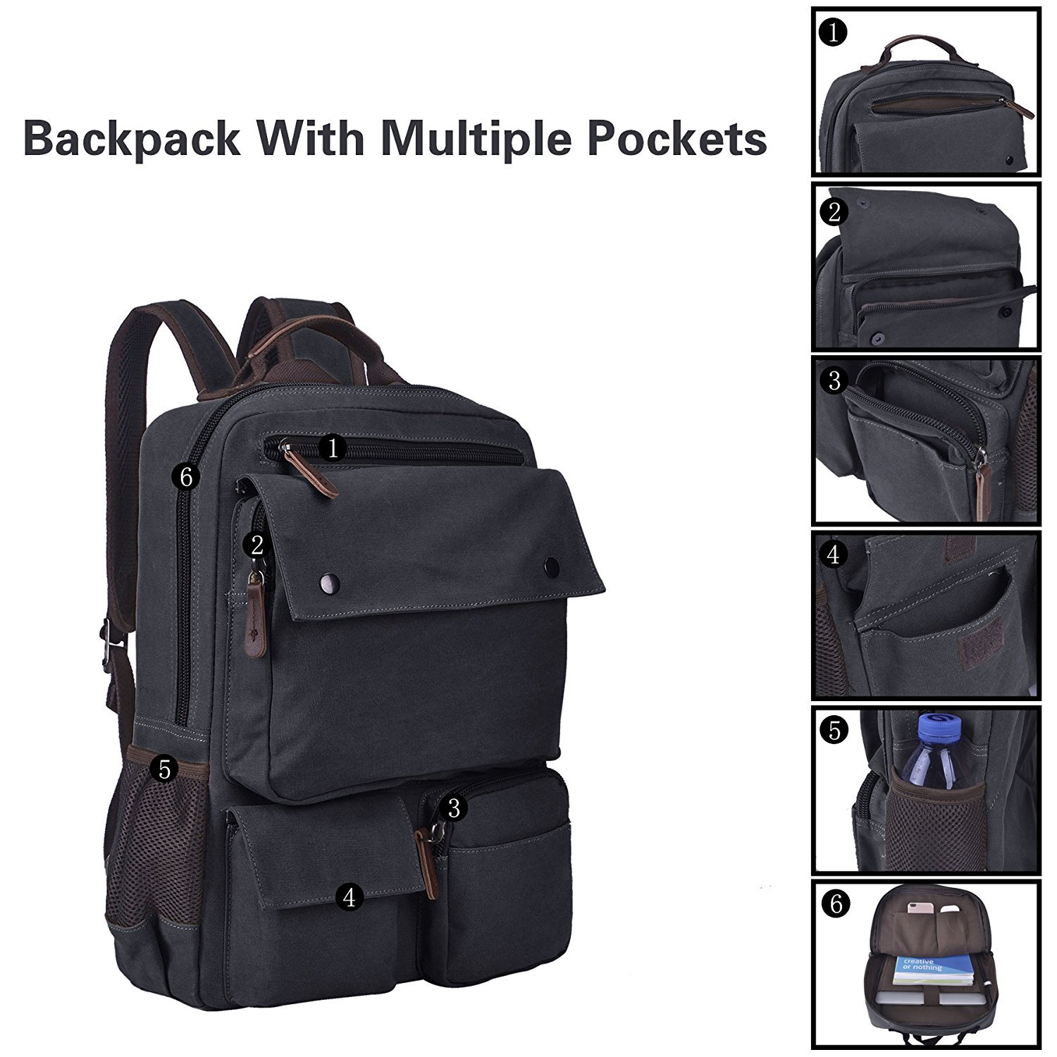 Mochila de lona para portátil de 15.6 pulgadas-Negro