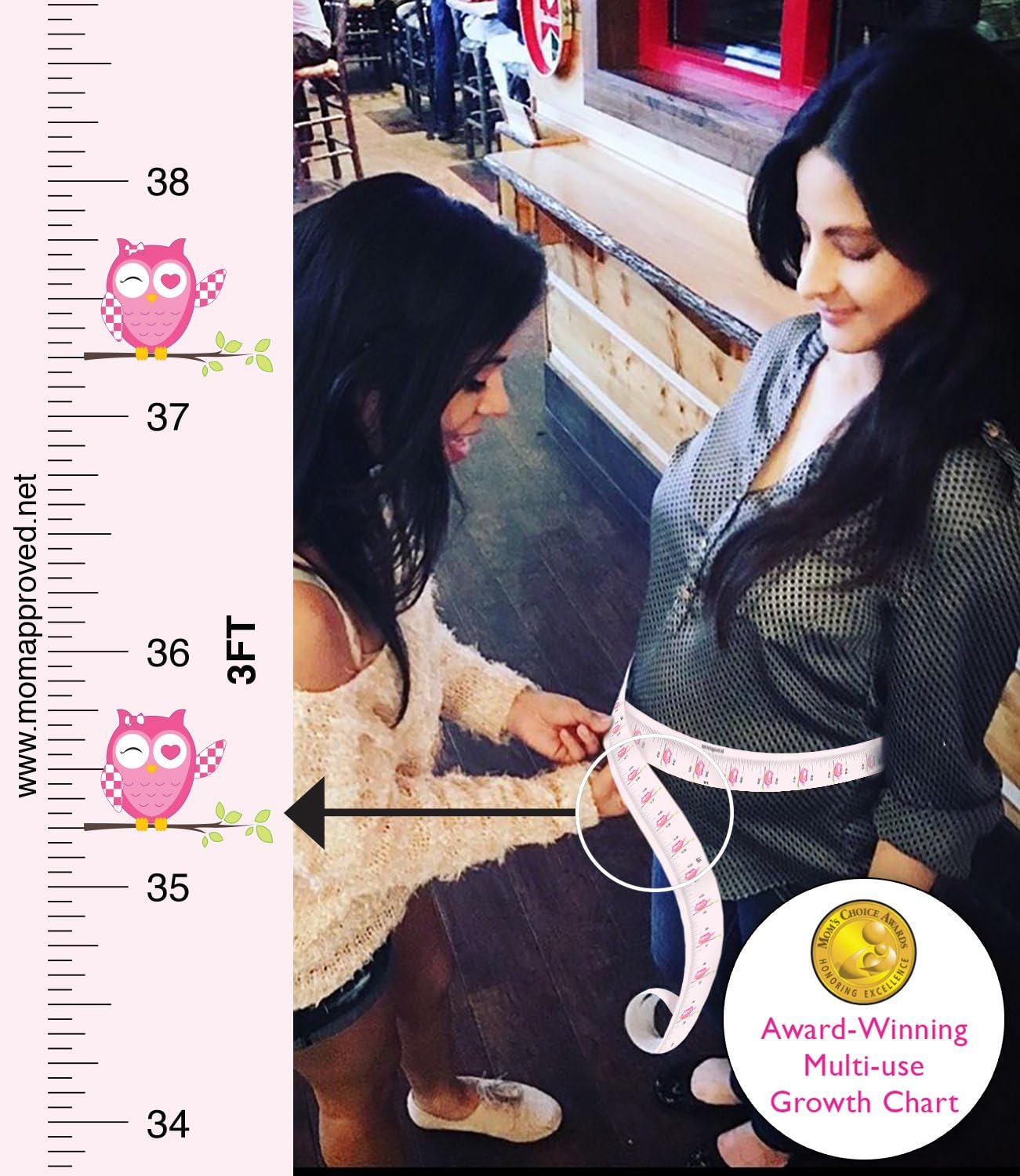 Mom Approved Tummy Measure That Turns into Peel and Stick Child Growth Chart- Fits in Door Jamb, Removable, Self-Adhesive [72 x 1.25 Inches] (Pink Owl)