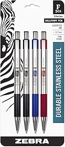 Zebra F-301 Ballpoint Stainless Steel Retractable Pen, Fine Point, 0.7mm, Assorted Ink, 4-Count: 2 Black, 1 Blue, 1 Red