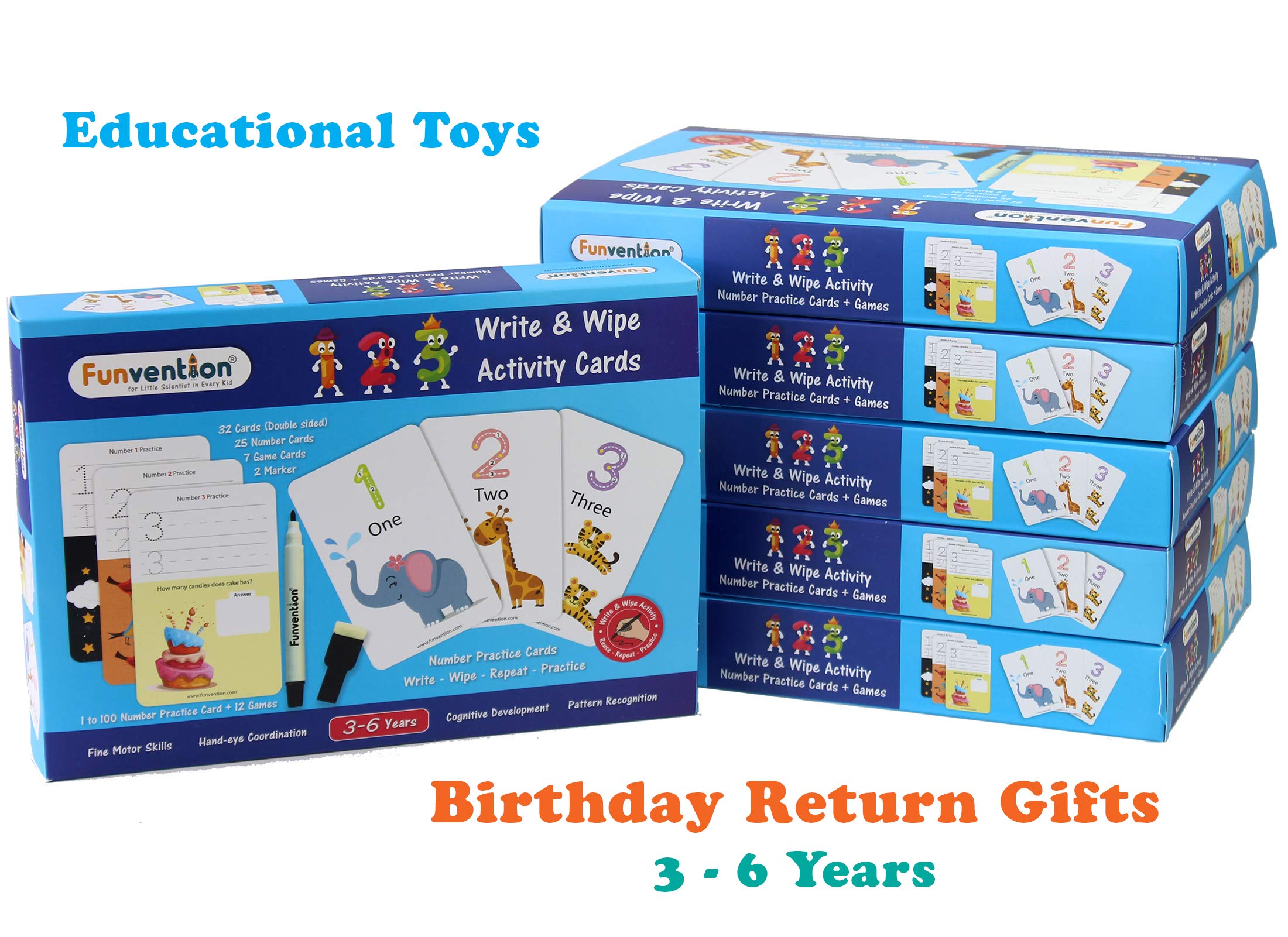 Funvention- for Little Scientist in Every Kid 123 Numbers Write and Wipe Activity Writing Practice Cards Learning Games for Children (3-6 Years, Pack of 6) Birthday Return Gift Pack