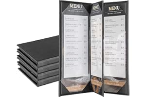 AMGSH 5 Pack 4 View Menu Holder Menu Covers 4.25" x 11" | 5 Pack Black Leather Menu Sleeves Book Style for Restaurant Coffee Bars Wine List (4 View, 5 Pack)