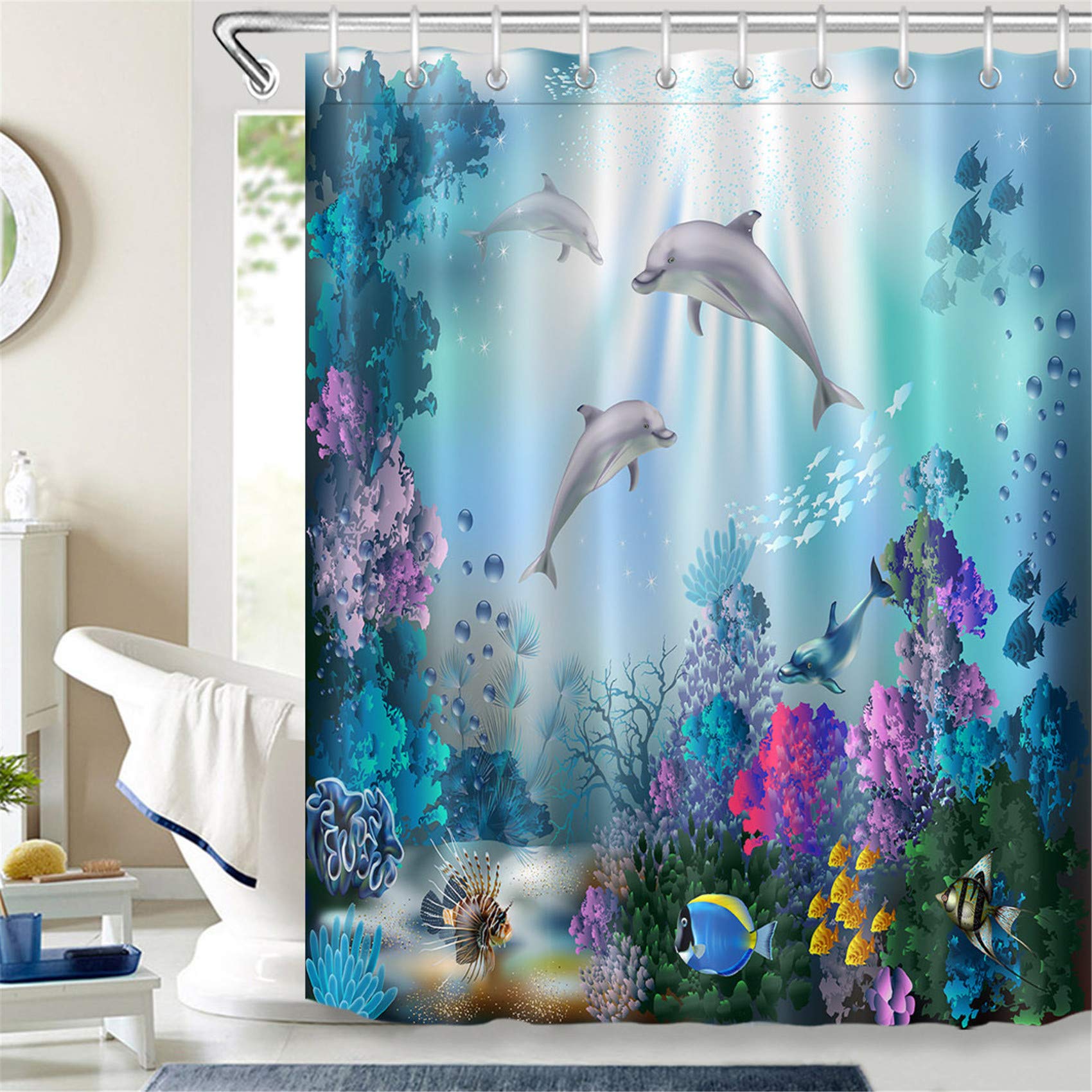 LB Blue Long Shower Curtain for Kids 180x200cm- Shower Curtains Mould Proof Resistant Waterproof Fabric for Bathroom Wet Room Outdoor Garden Decor with Hooks (Cute Dolphin)