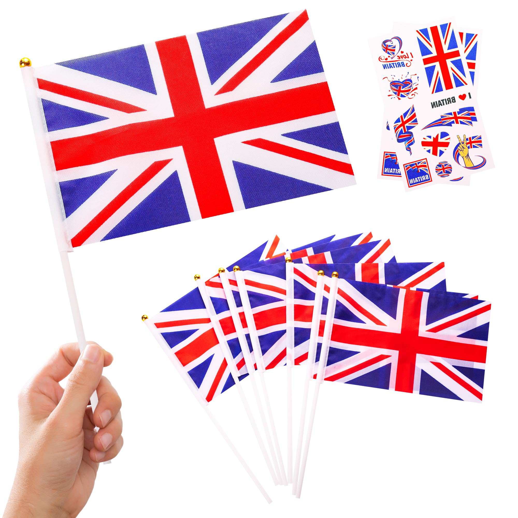 10pcs Small Union Jack Flags on Sticks & 2pcs Tattoos for VE-Day 80th Anniversary - Mini United Kingdom Hand Held British National Decoration