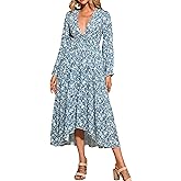 R.Vivimos Fall Floral Dress for Women 2026 Boho Long Sleeve V Neck Drawstring Tie Loose Tiered Flowy Midi Dress with Pockets