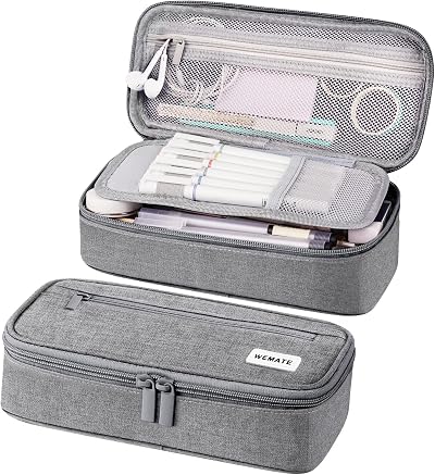 WEMATE Large Pencil Case Canvas 5 Compartments 9x4.3x2.4in Light Grey