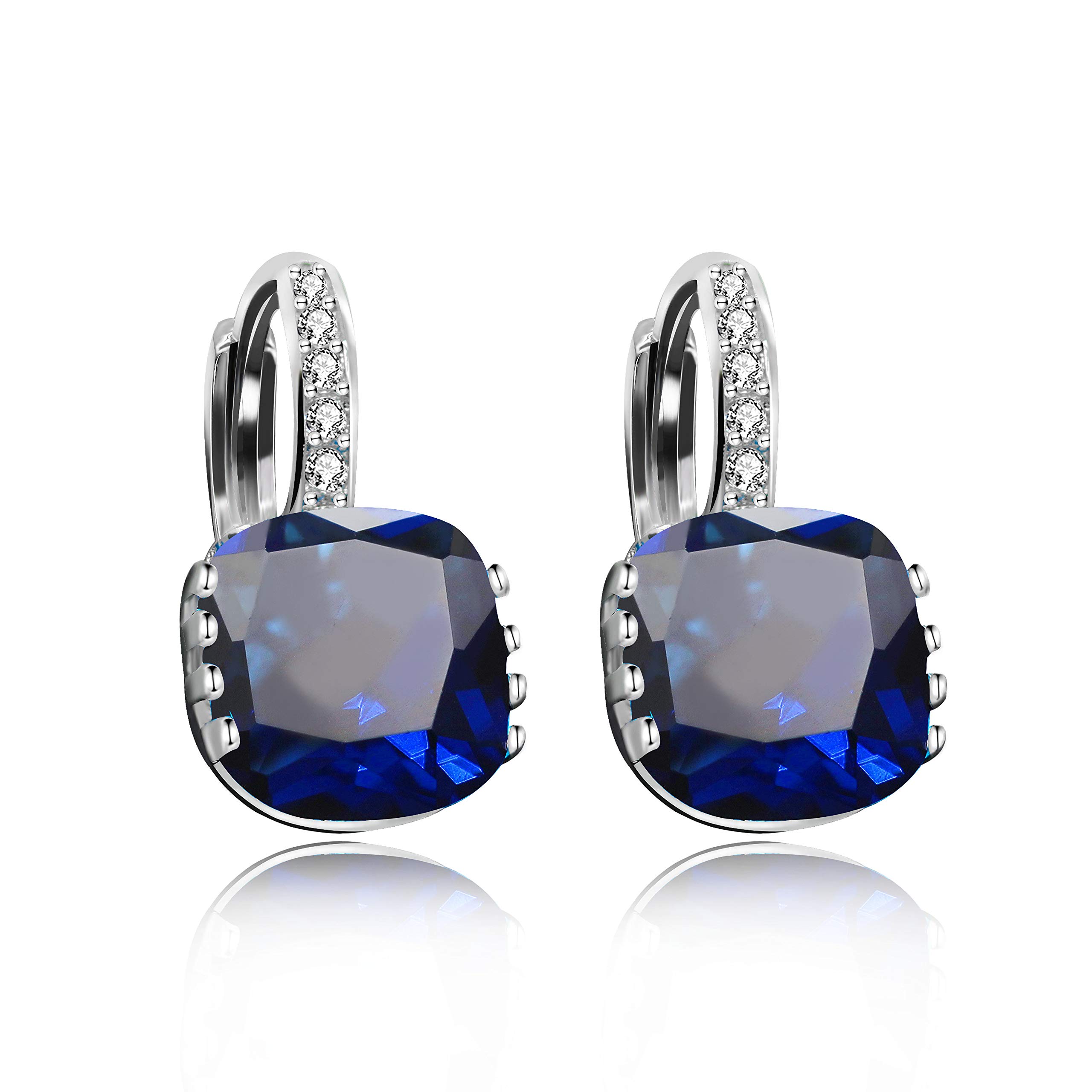 Uloveido Girl's White Gold Plated Cushion Cut Dark Blue Cubic Zirconia Lever Back Earrings for Women Girls DML115