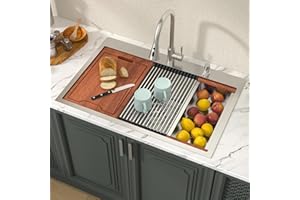 Lordear 33 Inch Drop In Kitchen Sink Workstation All In One SUS304 16 Gauge Stainless Steel 33x22 Drop In Sinks Single Bowl Handmade Above the Counter