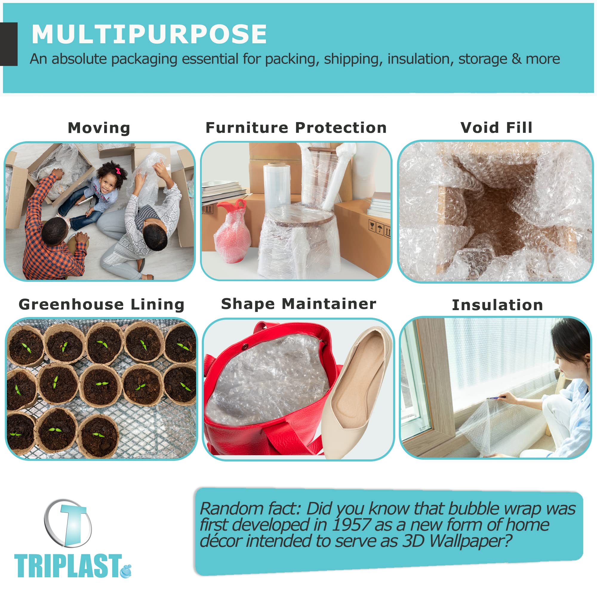 Triplast Large Roll of Bubble Wrap 500mm x 100m – Air Bubbles Packaging for House Moving & Packing Storage Boxes