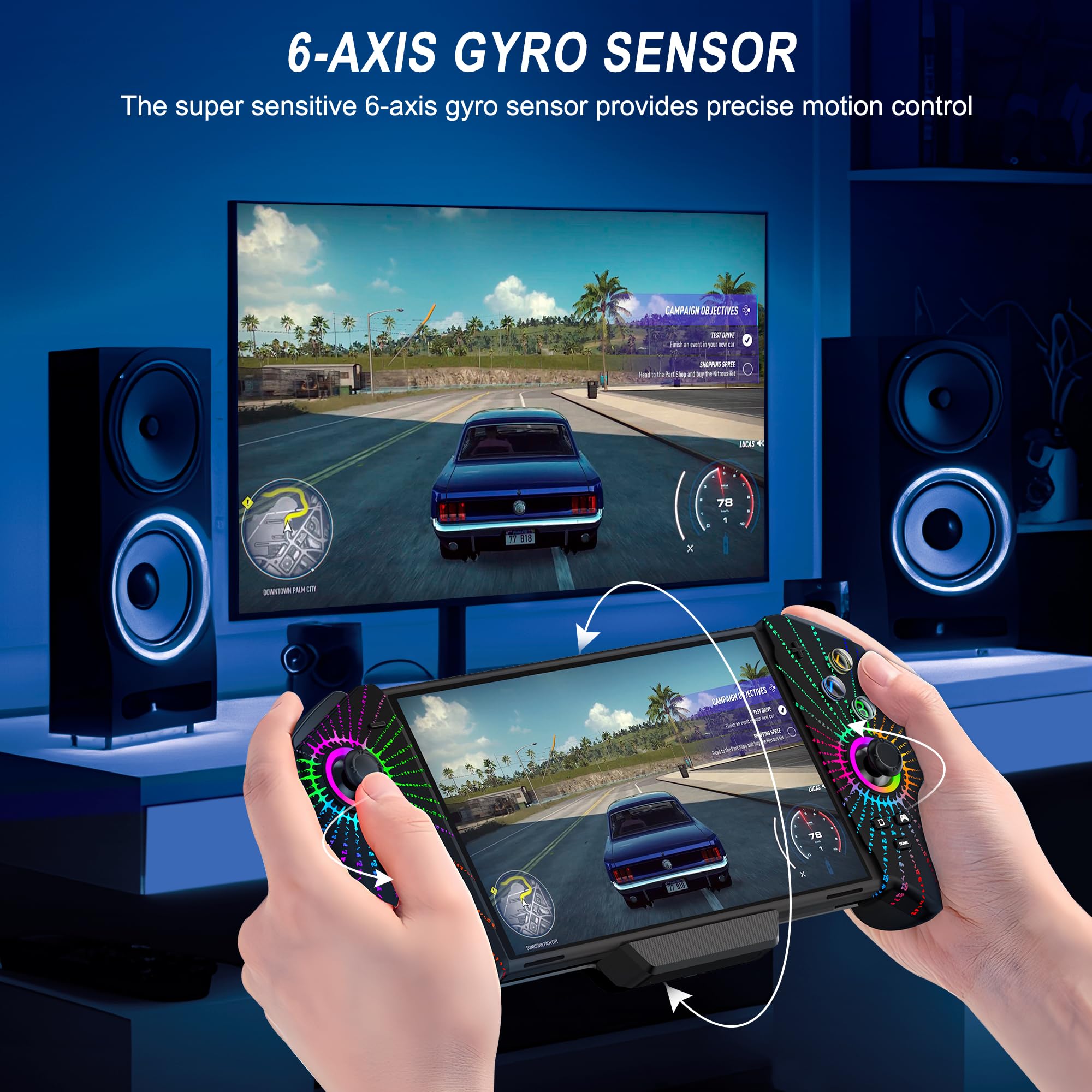 HASACOOL Switch Controller Handheld mit Hall Effect Sticks, Großer Griff Controller für Switch/OLED mit Turbo/Tischständer/6 Achsen Gyro(Runen) 4