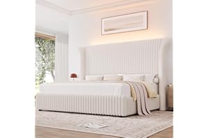 Keyluv King Bed Frame with 54.3” Tall Faux-Fur Wingback Headboard, Upholstered Platform Bed with LED Light, Mattress Foundation with Solid Wooden Slats Support, No Box Spring Needed, Noise-Free, Beige