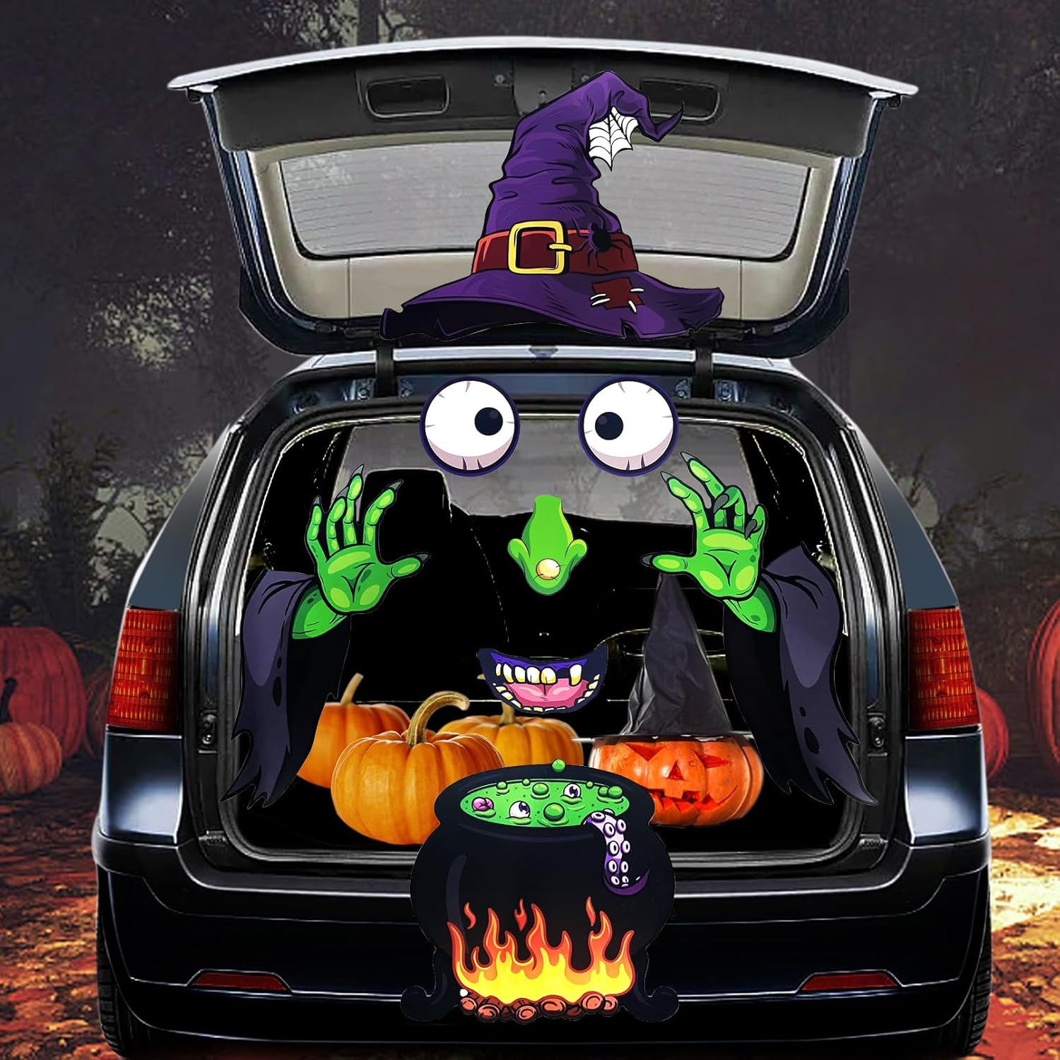 Garage Door Decorations - IRmm Halloween Trunk Or Treat Car Decorations Kit, Halloween Garage Door Decorations, Witch Sticker Halloween Car Decoration with Witch Hat Eyes Hands Cauldron for Garage Door Car Archway Decor