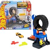 ​Hot Wheels City Downtown Tire Shop Playset &amp; 1:64 Scale Toy Car | Track Set Includes Die-Cast Tow Truck &amp; Features Multidirectional Play with Speed Snap Track Compatibility