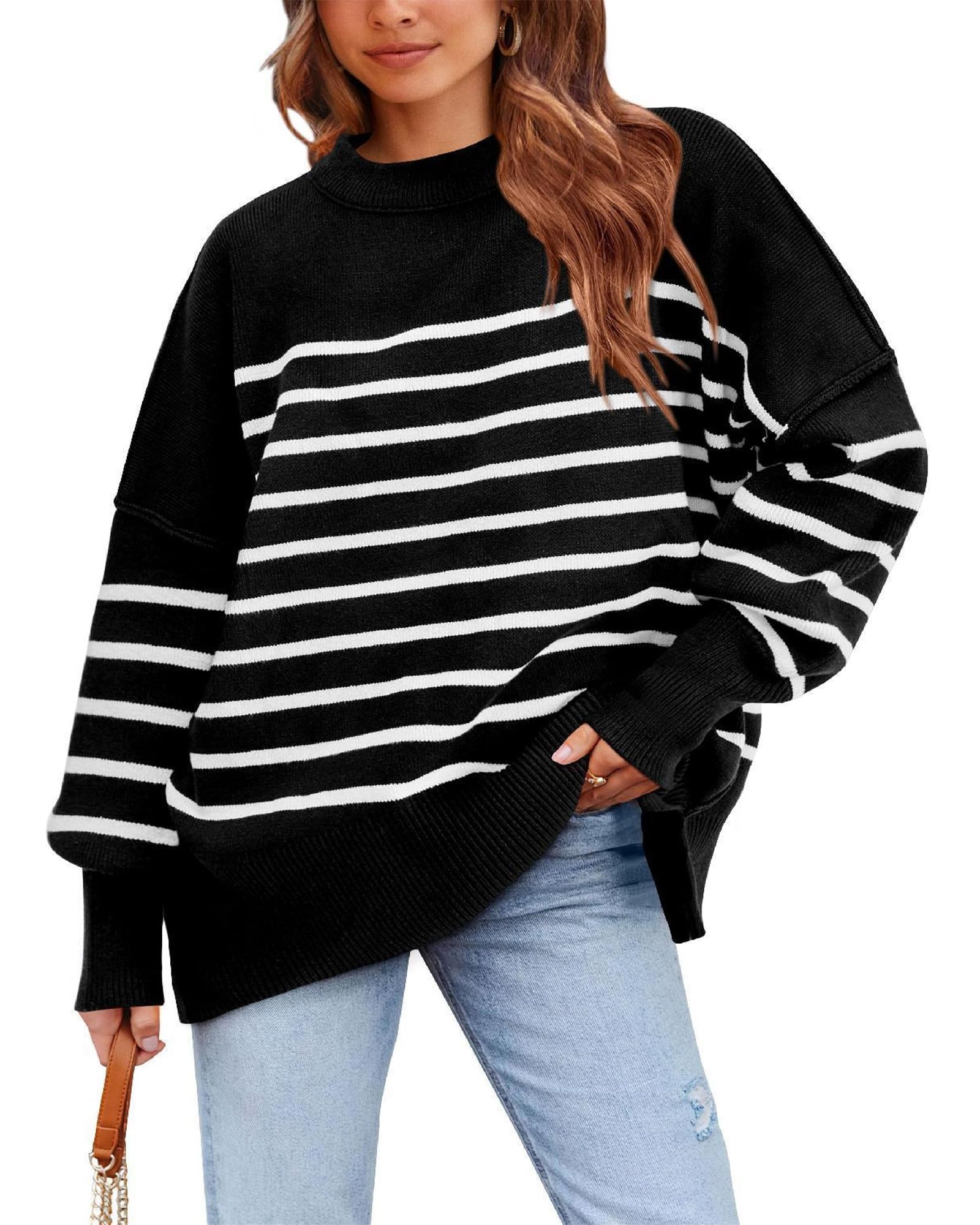 Photo 1 of PRETTYGARDEN Women's Oversized Sweater 2025 Casual Fall Outfits Crewneck Long Sleeve Side Slit Chunky Knit Pullover Tops(Striped Black,Large)