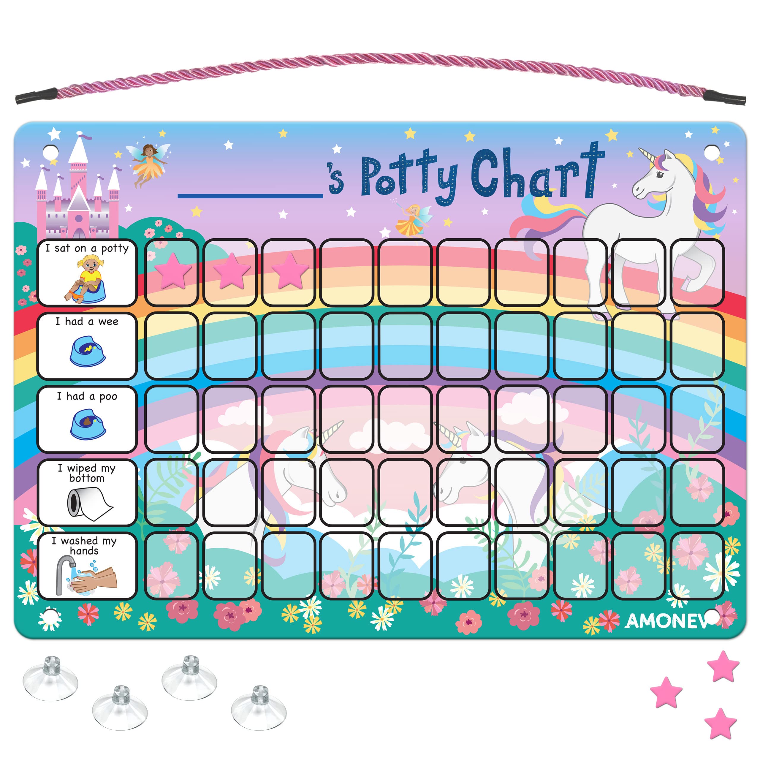 Amonev Children's Magnetic Potty Training Reward Chart. Magnetic Sticker Chart. Reusable Wall Chart for Toilet Training. Suction cups for tiles or glass (Unicorn)