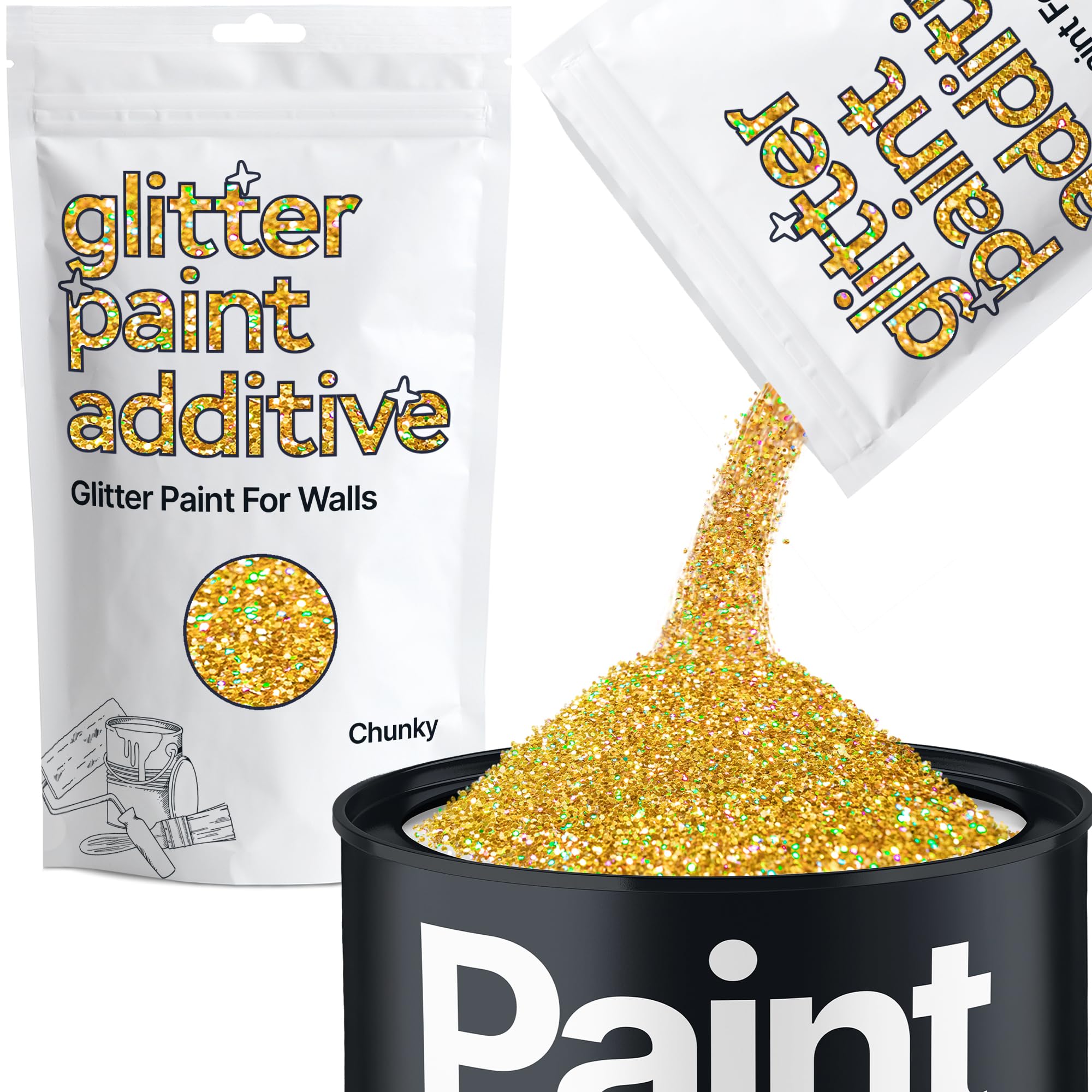 Hemway Gold Holographic Glitter Paint Additive Chunky 100g for Adding Sparkle to Paints & Varnish | Paint Walls Sparkly Add to Emulsion, Acrylic or Lacquer Indoor