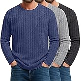 August Alley 3 Pack Men's Long Sleeve Shirts Ribbed Knit Sweater Crewneck Casual Pullover Top Stretchy Undershirt Tee S-3xl