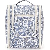 Narwey Small Hanging Toiletry Bag Women Travel Makeup Bag Organizer Toiletries Bag for Travel Size Essentials Accessories Cosmetics (Medium, Blue Leaf)