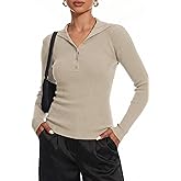 BERESIA Women's 2025 Fall Button Down Lapel V Neck Long Sleeve Ribbed Knit Casual Slim Tops