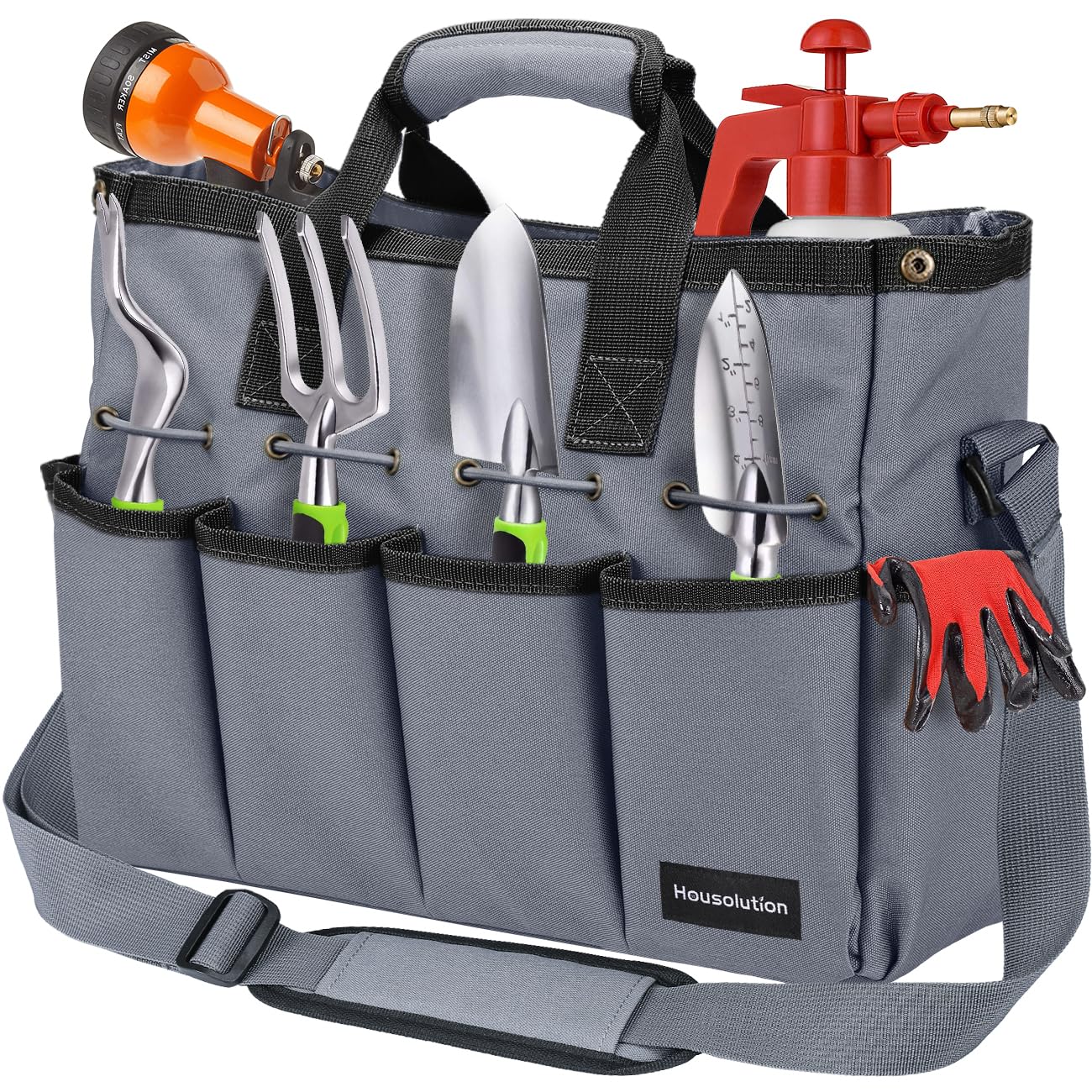 Housolution Gardening Tool Bag, Garden Tote Storage Bag with Pockets & Long Adjustable Shoulder Strap, Home Tools Organizer Garden Tool Kit Holder, Standable & Wear-Resistant, 14 Inch, Gray