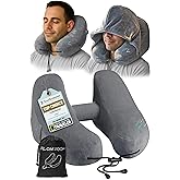 FLOWZOOM Air Inflatable Neck Pillow for Traveling on Plane - H-Shape Hooded Travel Pillow with 5 Snooze Modes, Fast Inflation, Pressure Control, Cozy Clip-On Hood & Plushy Cover - Size L, Silver Gray