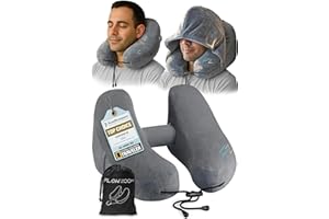 FLOWZOOM Air Inflatable Neck Pillow for Traveling on Plane - H-Shape Hooded Travel Pillow with 5 Snooze Modes, Fast Inflation, Pressure Control, Cozy Clip-On Hood & Plushy Cover - Size L, Silver Gray