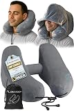 FLOWZOOM Air Inflatable Neck Pillow for Traveling on Plane - H-Shape Hooded Travel Pillow with 5 Snooze Modes, Fast Inflation, Pressure Control, Cozy Clip-On Hood & Plushy Cover - Size L, Silver Gray