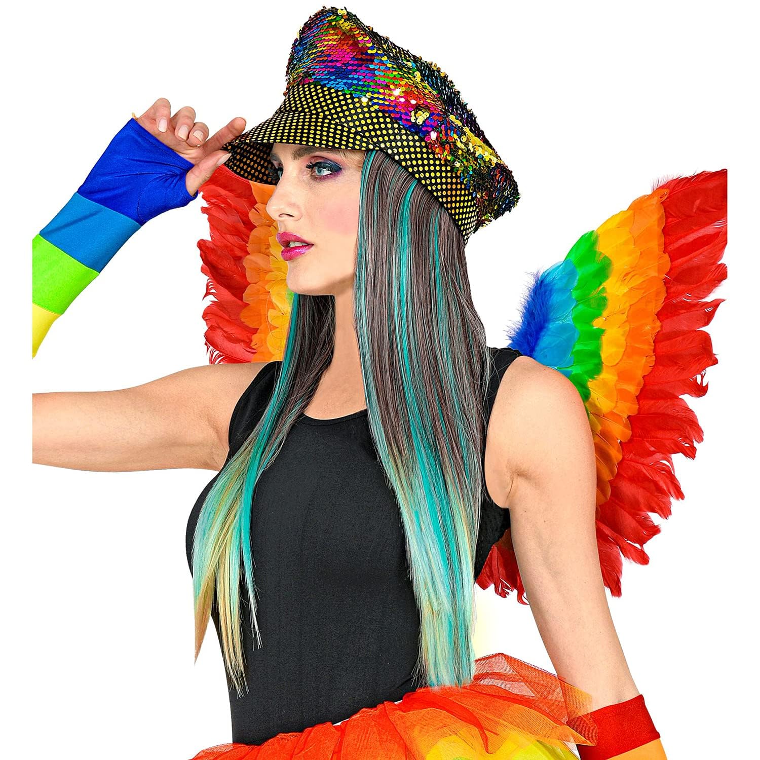 Widmann 03008 - Rainbow Hat with Hair and Sequins, for Adults, Shiny Headwear, Hat with Long Synthetic Hair, Accessories, Carnival, Fancy Dress, Theme Party