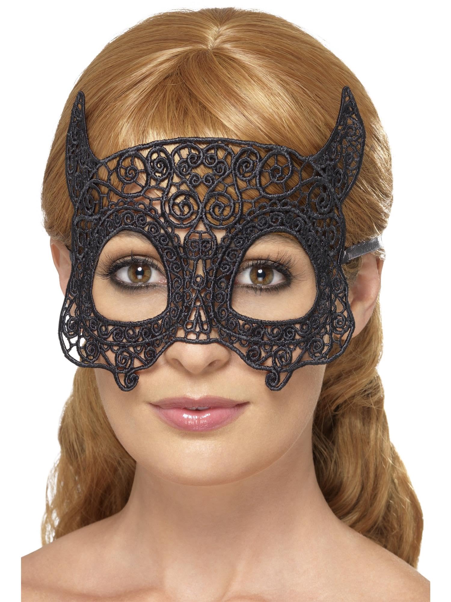 Smiffys Embroidered Lace Filigree Devil Eyemask, Black , Eyemasks Fancy Dress, Adult Dress Up Eye masks