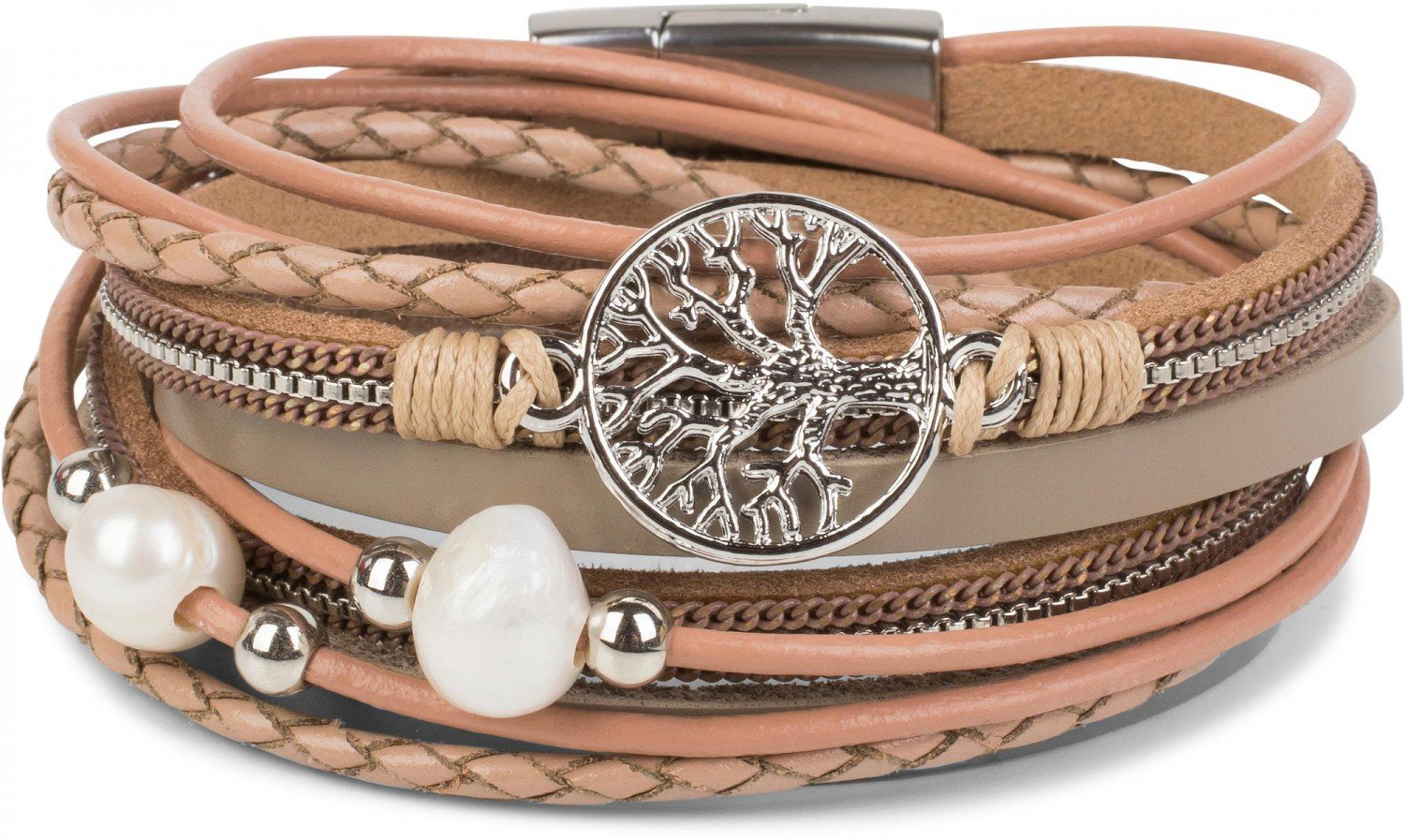 styleBREAKER wrap bracelet with pearls, chains, braided elements, and tree of life pendant, magnetic clasp, bracelet, women 05040070, color:Beige-dusky pink