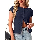 Womens Short Sleeve Shirts Casual Summer Ribbed Knit Tshirts Fitted Button Up Tops