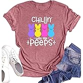 Women Happy Easter T Shirt: Bunny Rabbit Graphic T-Shirt Funny Chillin with My Peeps Shirts Short Sleeve Tops