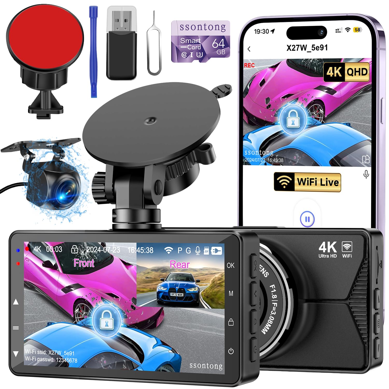 Dash Cam Front and Rear, 4K Dash Cam WiFi/APP Control Dashcam W/ 64GB Card Car Camera Dash Cams DVR Dashboard Dash Camera for Cars W/Loop Recording G-sensor Time-Lapse Parking Mode, USB Powered