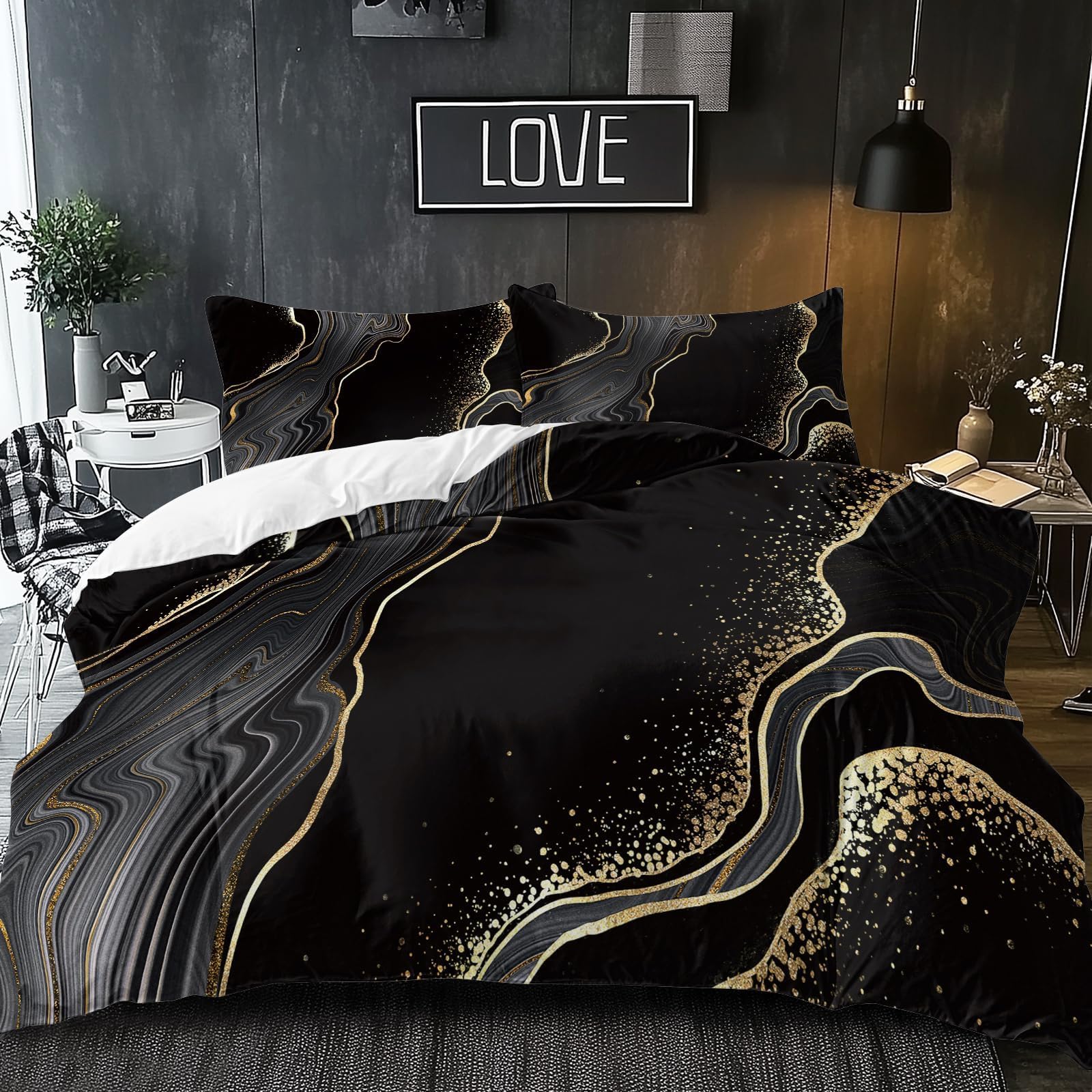 BlessLiving Black Double Duvet Set: Soft Microfiber Grey Gold Marble Bedding with Zipper Closure, Reversible Lightweight Watercolor Abstract Chic Printed Quilt Cover Modern Bedroom Decor (200x200cm)