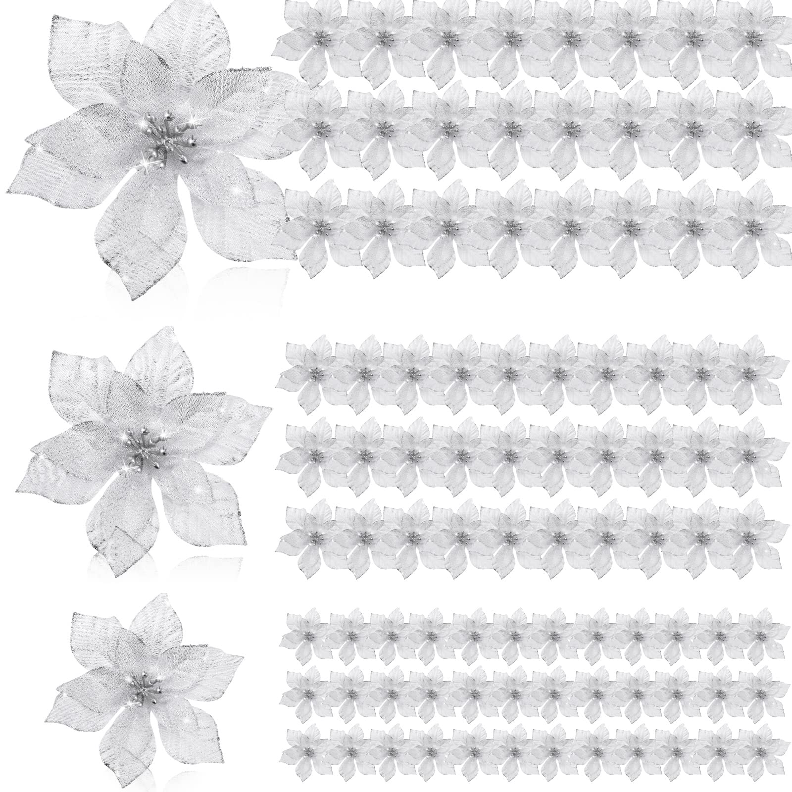 Geosar 100 Pcs 3 Size Christmas Poinsettia Flowers with Clips Glitter Artificial Flowers Small Christmas Tree Ornaments Faux for Xmas Party DIY Craft Wreath Garland New Year, 3/4/6 Inches(Silver)