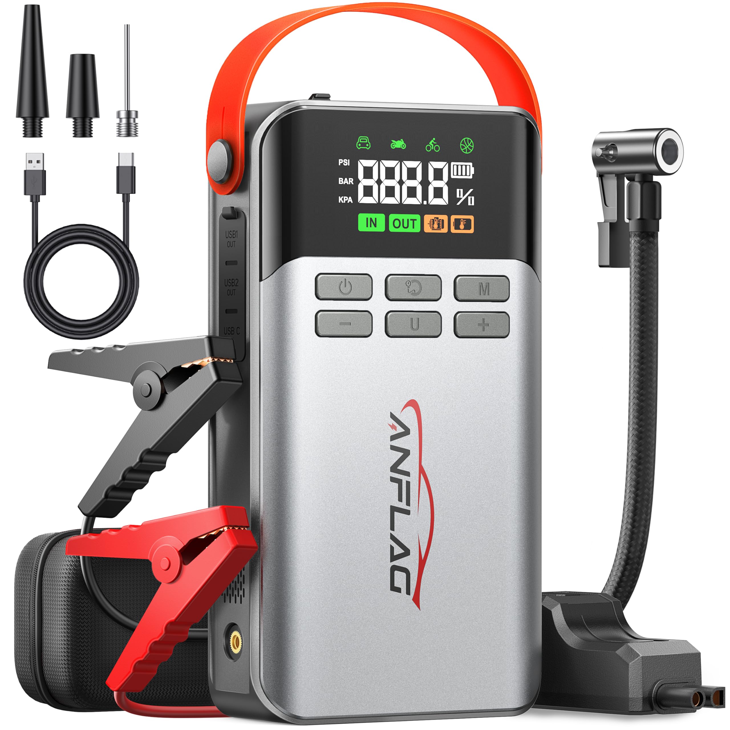 ANFLAG 8-in-1 Car Jump Starter with Air Compressor – 5500A Peak, 150PSI Tire Inflator, 12V Portable Power Bank, LCD Display, and LED Flashlight for All Gas & 12.0L Diesel Engines Image