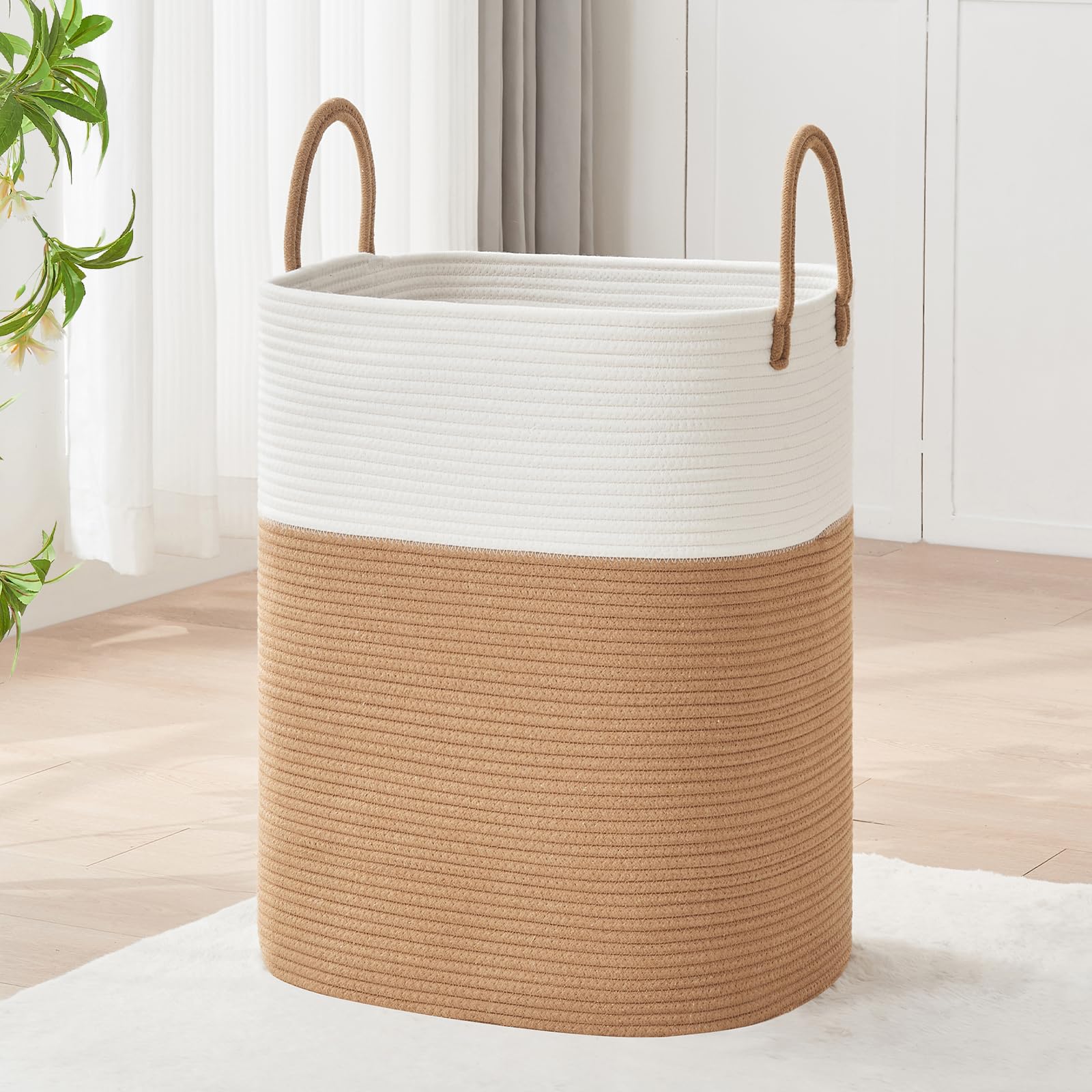 AINUOQI Laundry Basket with Handles - Blanket Basket & Hampers for Bedroom Aesthetic, Laundry Hamper & Blanket Storage for Living Room, Clothes Hamper, Tall, Large 17" x 14" x 22”, White & Jute Image