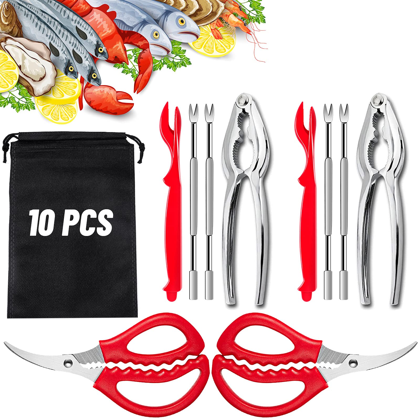10 Pcs Seafood Tools Set including 6 Forks and 2 Lobster Crackers Nut Cracker 2 Seafood Scissors