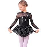 ODASDO Figure Skating Dress for Girls Mesh Long Sleeve Sparkly Sequin Skirted Leotard Ballet Outfit Dancewear