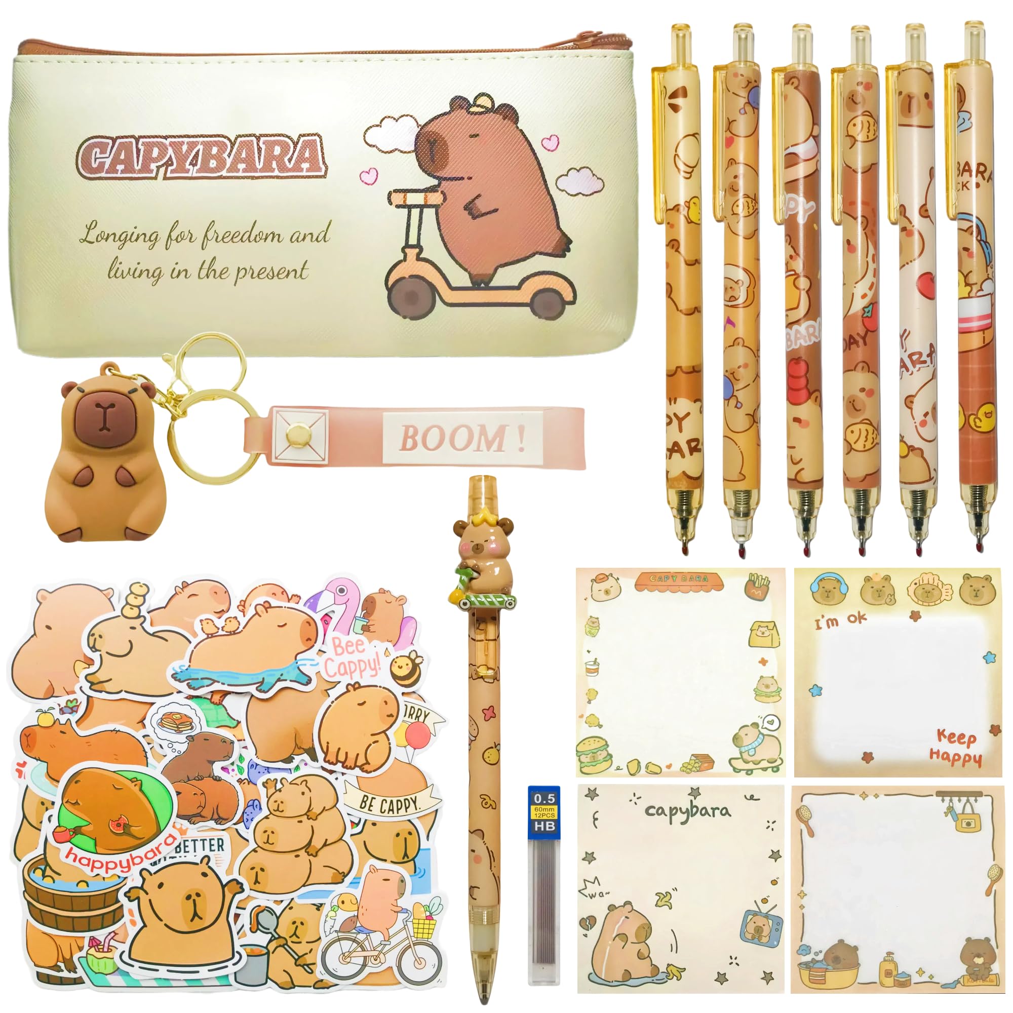 Joylio Capybara Stationery Set – Cute stationery set include capybara pencil case, gel ink pens (black ink), mechanical pencil, stickers, sticky notes and keyring for office school kids students