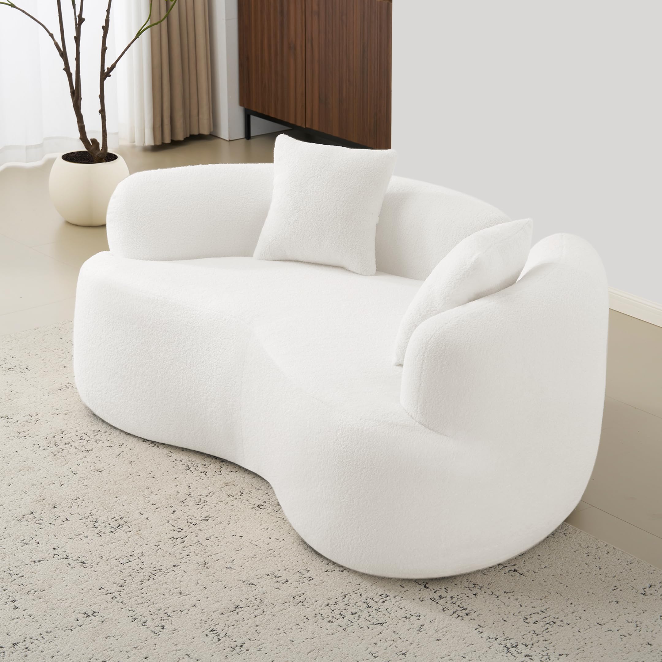 Photo 1 of 67”Curved Loveseat Sofa for Living Room, Deep Seat Love Seat Couch with 2 Throw Pillows, Modern Loveseat Adopt Teddy Fabric, Suitable Small Spaces The Cloud Loveseat, No Assembly Needed, White