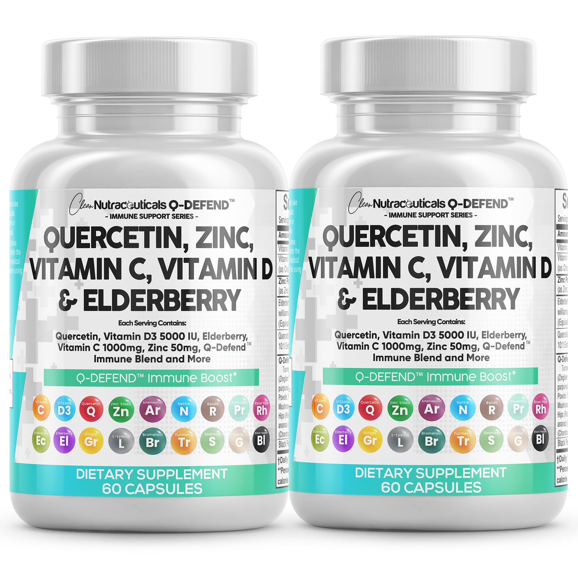 Q Defend Quercetin Supplement with Zinc Vitamin C Vitamin D Elderberry Turmeric Black Pepper Garlic Ginger Sea Moss Lysine Stinging Nettle Reishi Immune Support 60 Capsules Pack of 2 by Clean Nutra Image