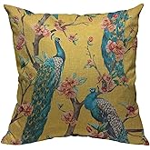 VERSUSWOLF Throw Pillow Covers Vintage Watercolor with Peacock On Tree Cherry Flowering Trees with Flowers Yellow Colorful Bird Linen Decorative Square Pillowcases Cushion Cover 18 X 18 Inch