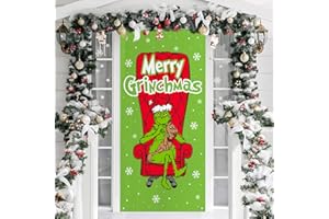 ARSEMICA Funny Christmas Grinch Door Cover, Green Backdrop Merry Christmas Porch Sign for Indoor Outdoor Decorations, Novelty Christmas Party Photo Booth Background Banner, Grinch Party Decor Supplies