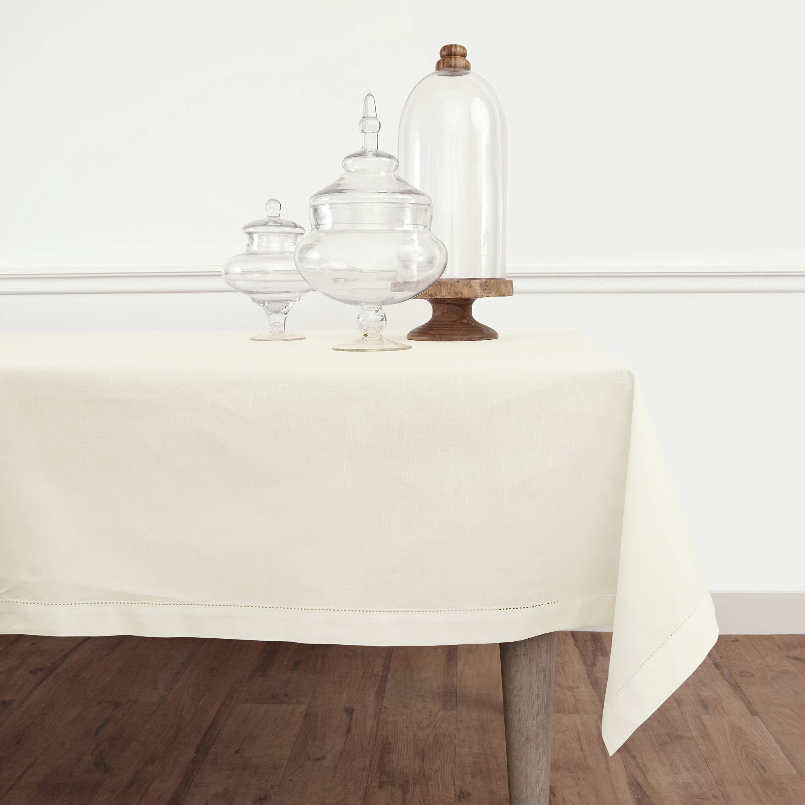 Solino Home Ivory Tablecloth 58 x 144 Inch - Cotton Linen Hemstitch Rectangular Tablecloth - Machine Washable Table Cloth for Spring, Summer, Mothers Day