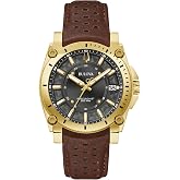 Bulova Men's Icon High Precisionist Quartz Gold Tone Stainless Steel Case 3-Hand Watch, Leather Brown Strap, Black Dial Style:97B216