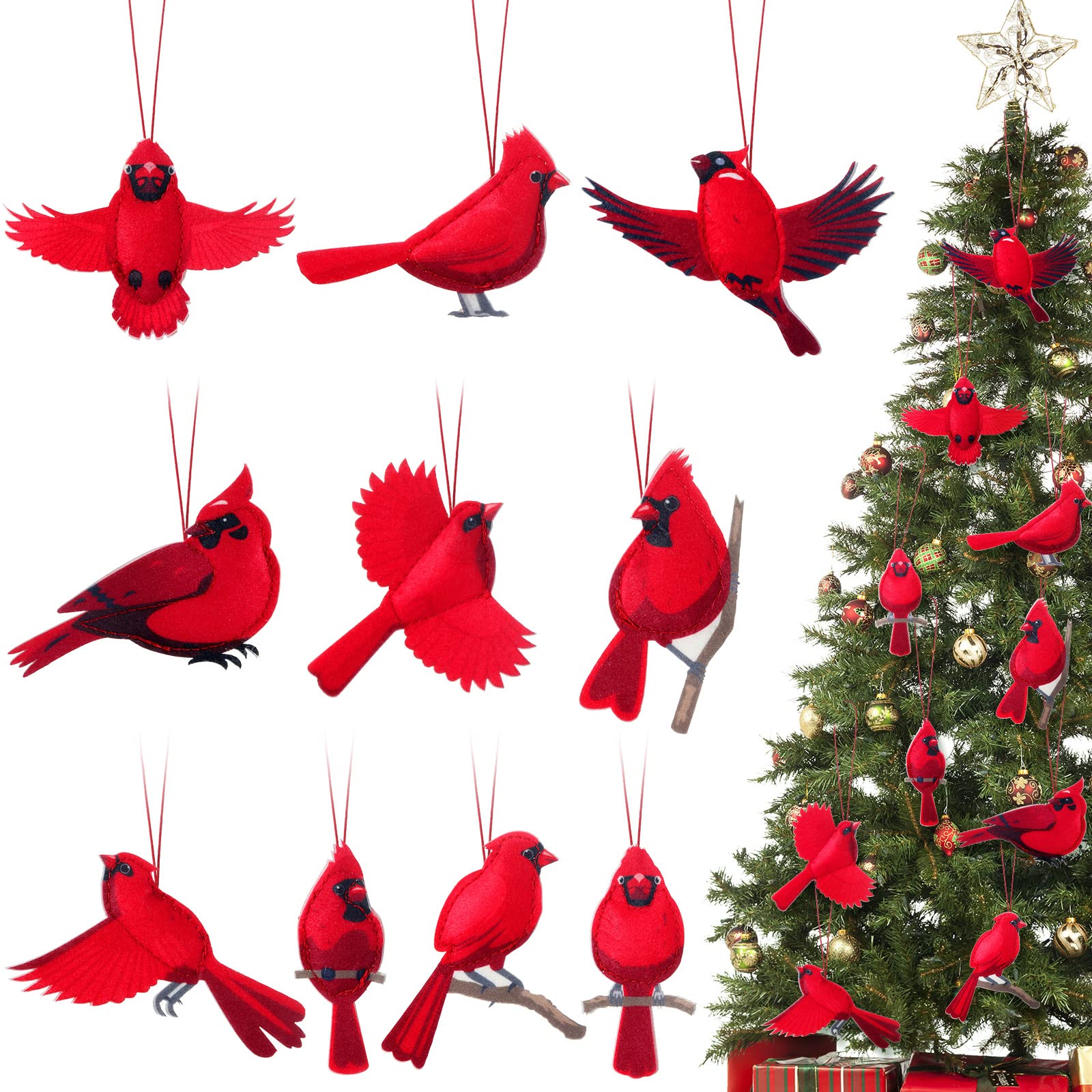 Photo 1 of 10 Pcs Christmas Cardinal Ornaments - Red Birds for Tree Decorations, Tree Topper, Xmas Memorial Hanging Gift