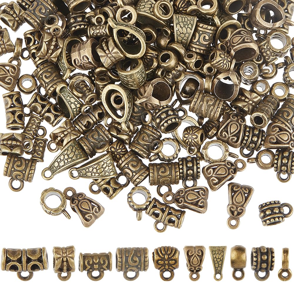 SUNNYCLUE 1 Box 200Pcs 10 Styles Tibetan Bail Beads Bulk Clasp Bail Beads Antique Rondelle Connectors Loose Spacer Hanger Linker with Charms Loop for jewellery Making DIY Necklace Bracelet European