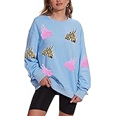 KPSTRO Sequin Magic Kingdom Sweatshirt For Women Sparkle Magical Castle Pullover Oversized Holiday Long Sleeve Tee Shirt Tops