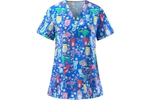 OIOLOYJM Scrubs for Women Set Animal Print Tops for Women V Neck Cartoon Pattern Short Sleeve Nursing Tops with Pockets